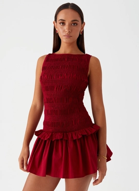 Garden Kisses Shirred Mini Dress - Maroon Fashionable Look