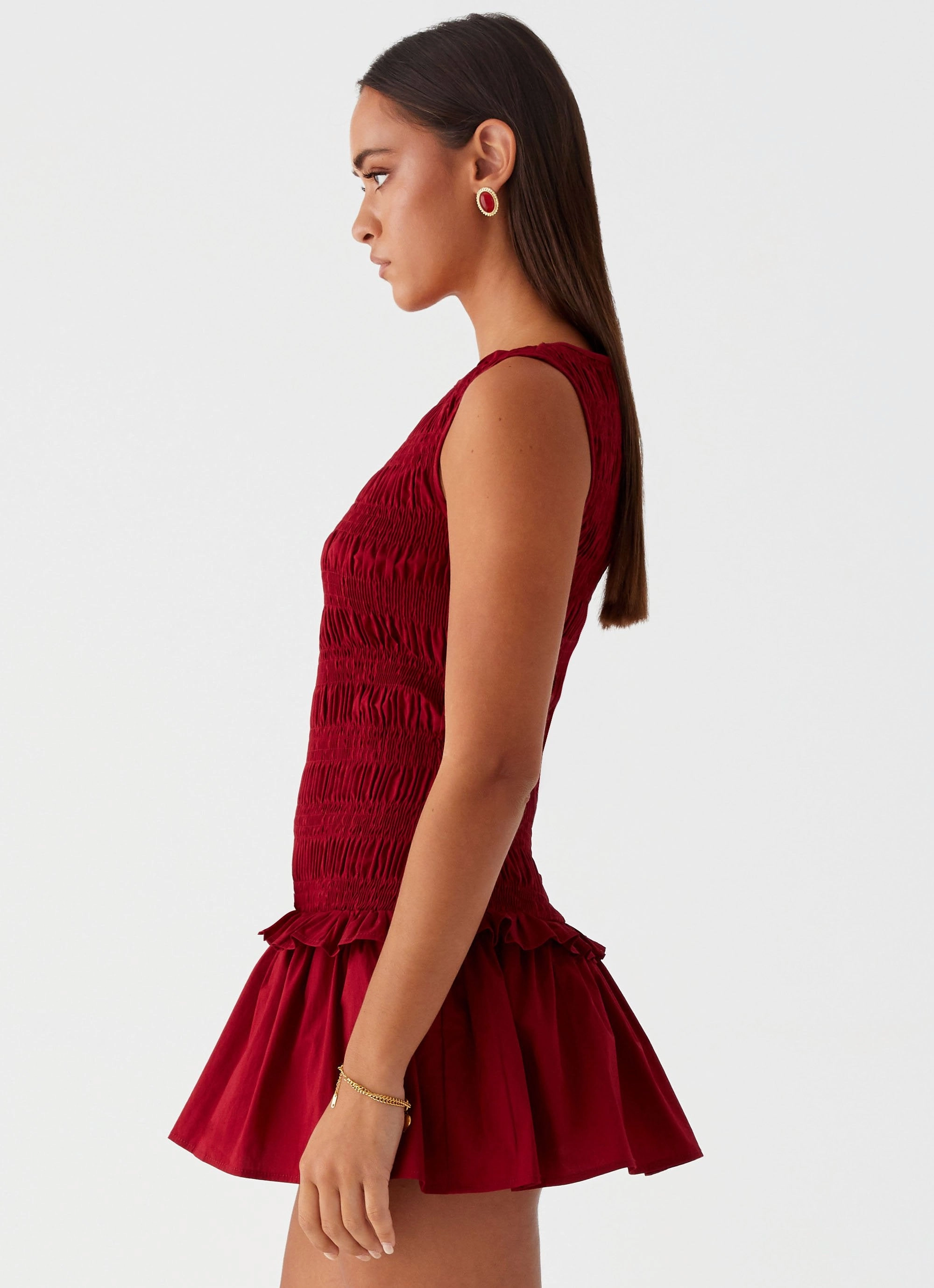 Romantic-Style London Cool Garden Kisses Shirred Mini Dress - Maroon