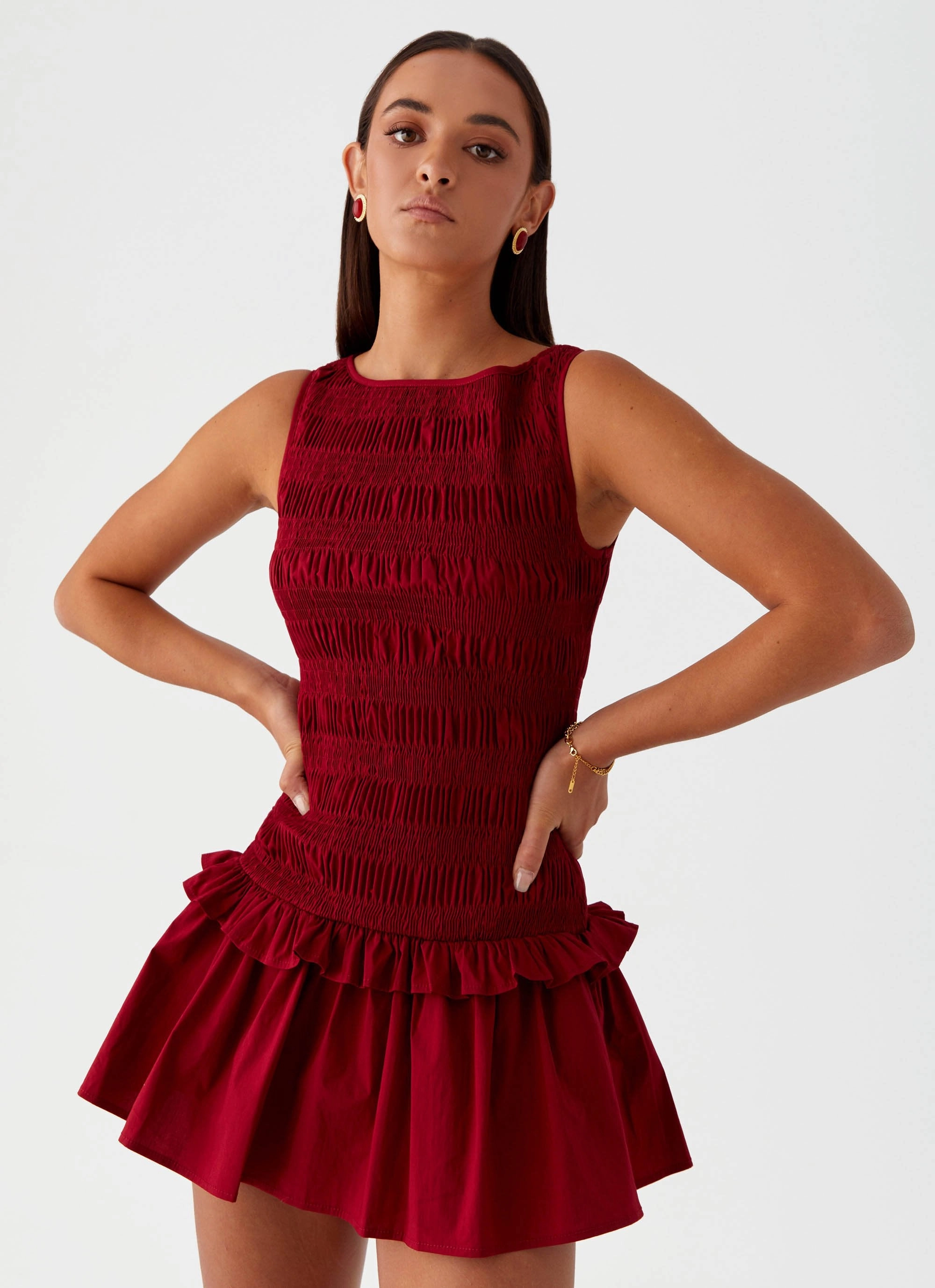 Garden Kisses Shirred Mini Dress - Maroon Lightweight Fabric