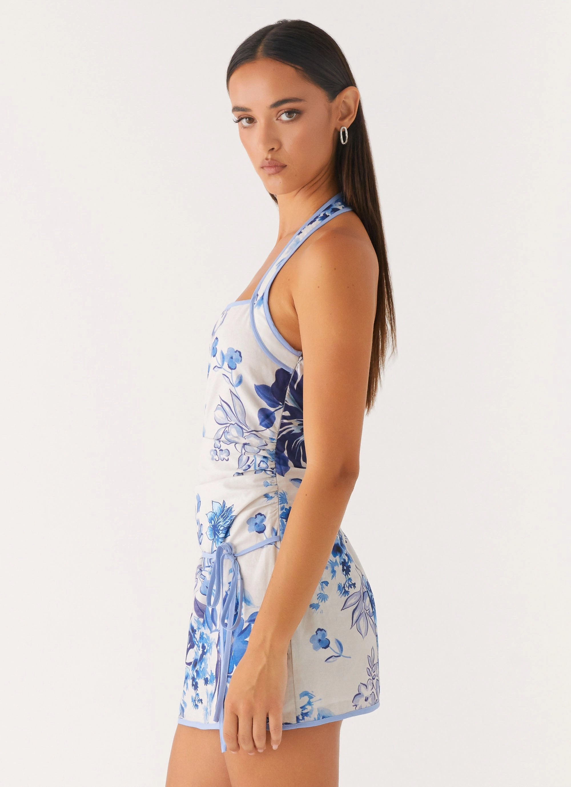 Garden Party Mini Dress - Serene Sky Floral Modern Fit Contemporary Layer