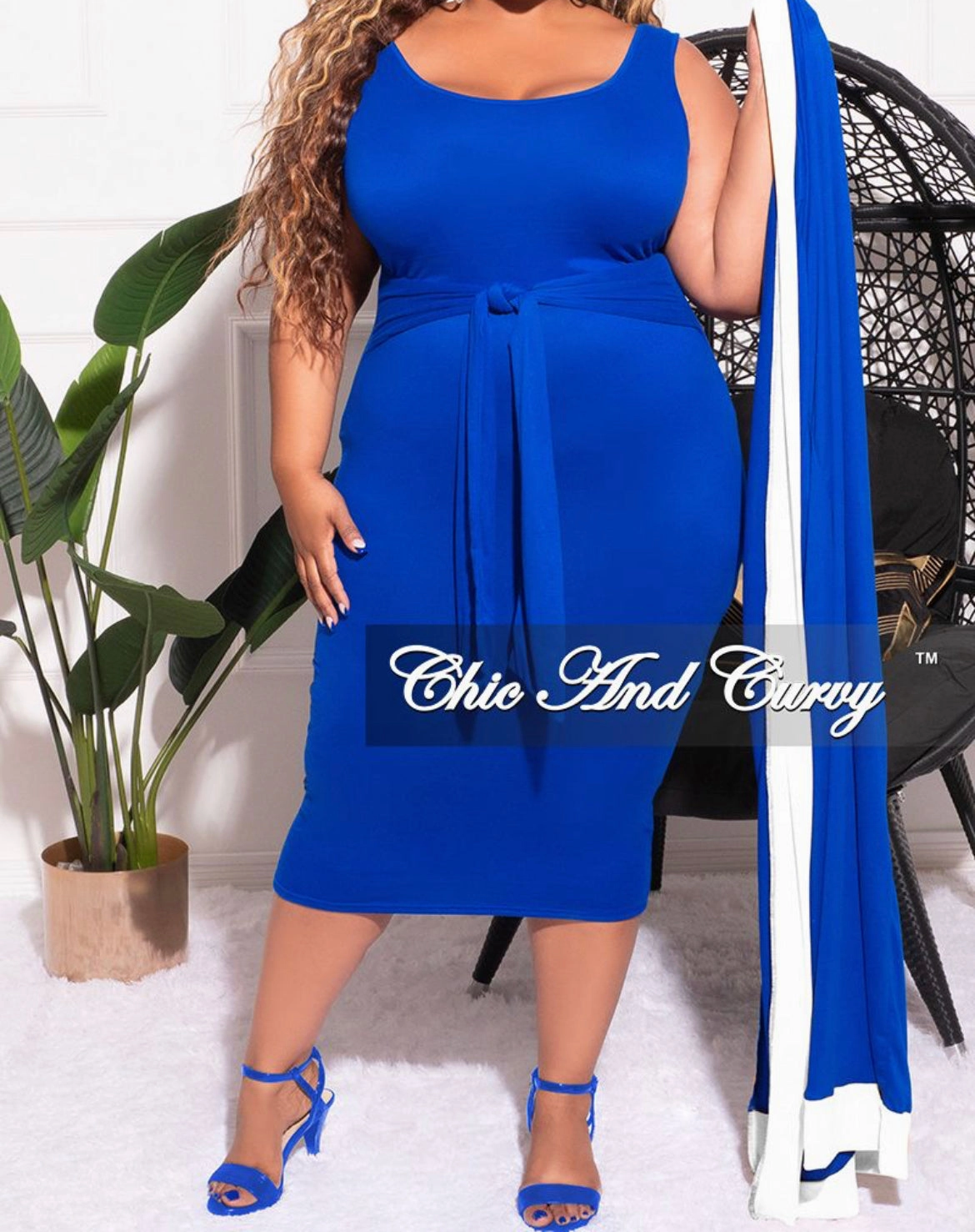 Final Sale Plus Size 2pc Set Duster & Tank Tie Dress in Royal Blue & White Recycled Polyester