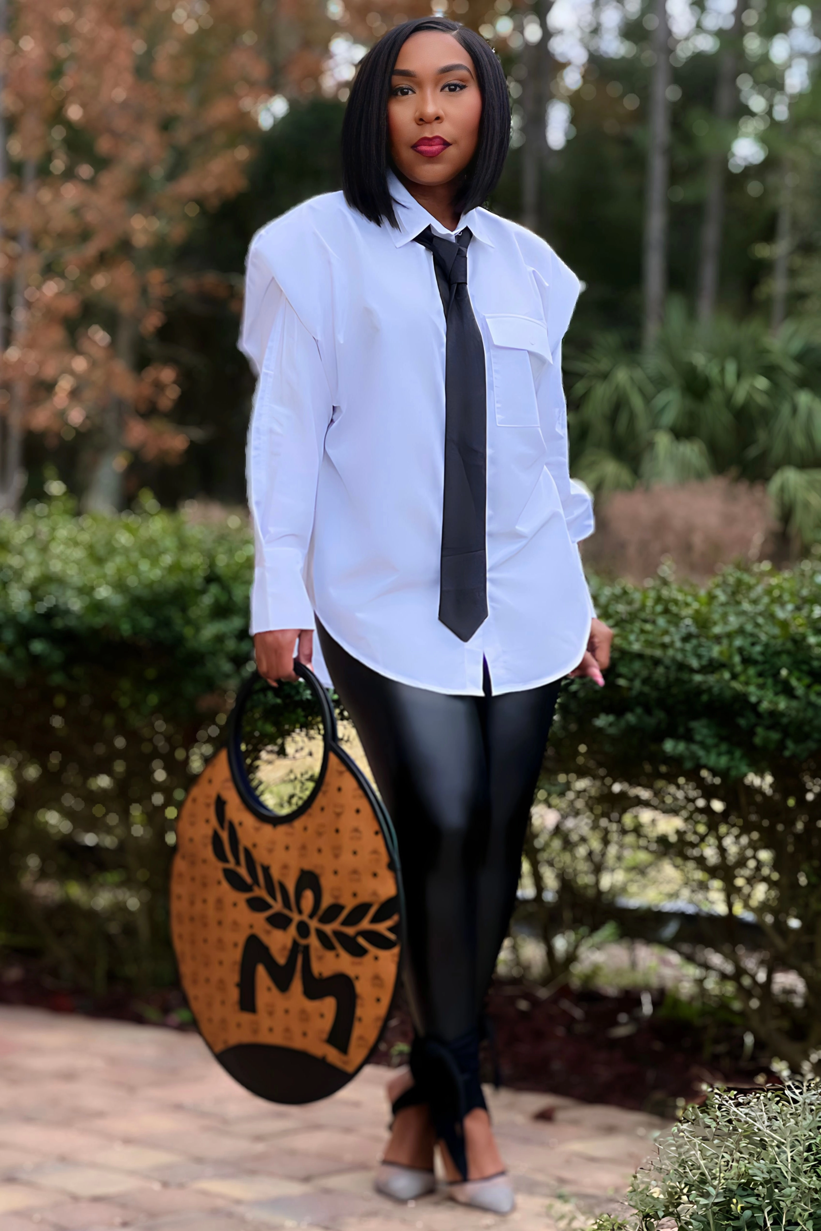 Geneva Strong Shoulder Button Up Tunic With Neck Tie Formal Blouse Formal Shirt