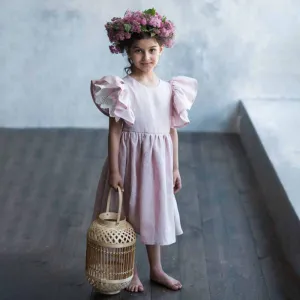 Girl Dress Summer Cotton Linen Ruffle Halter Sleeveless Kids Casual Beach Party Dresses