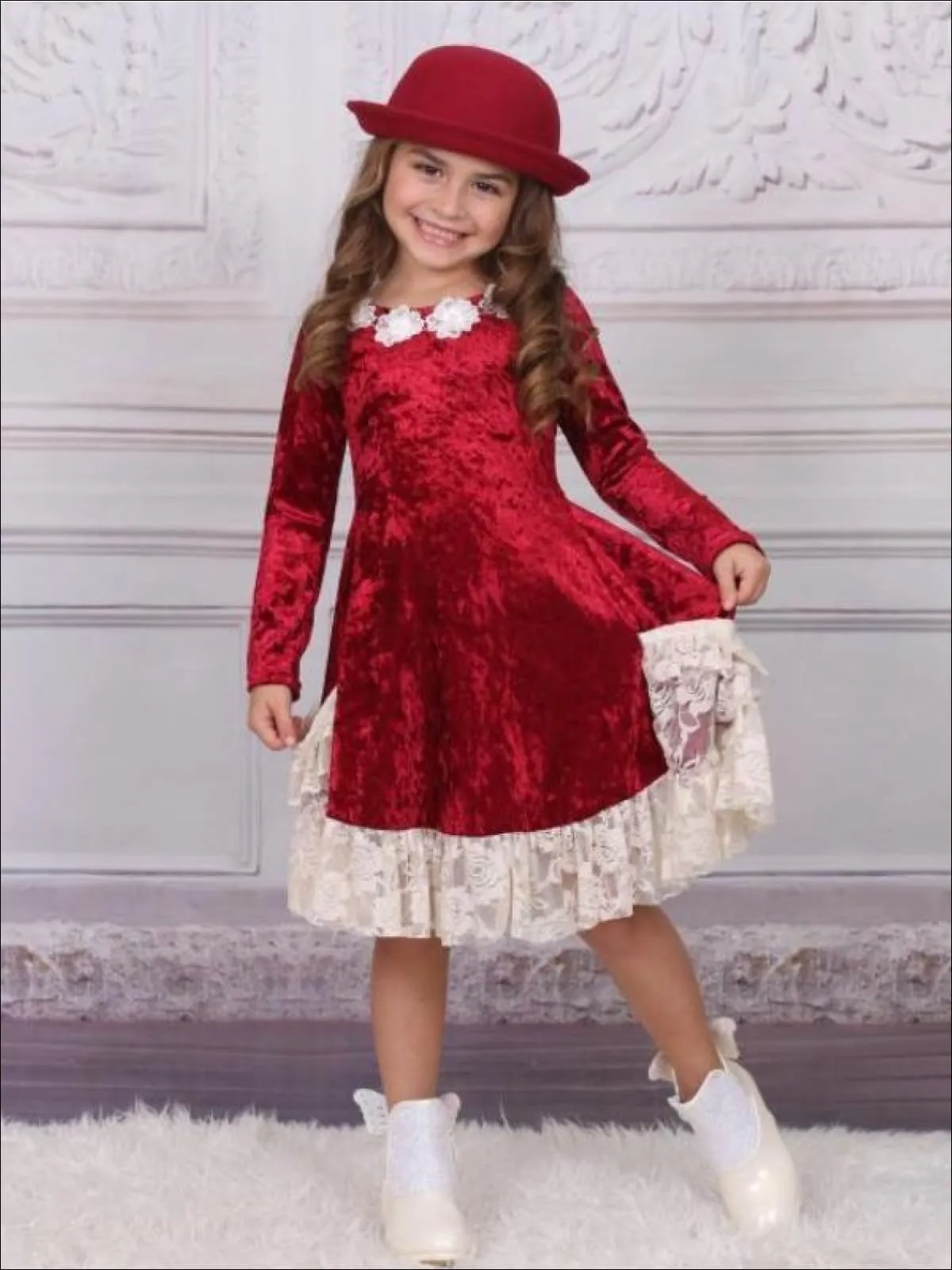 Girls Burgundy Velvet Princess Holiday Dress with Ruffled Pockets