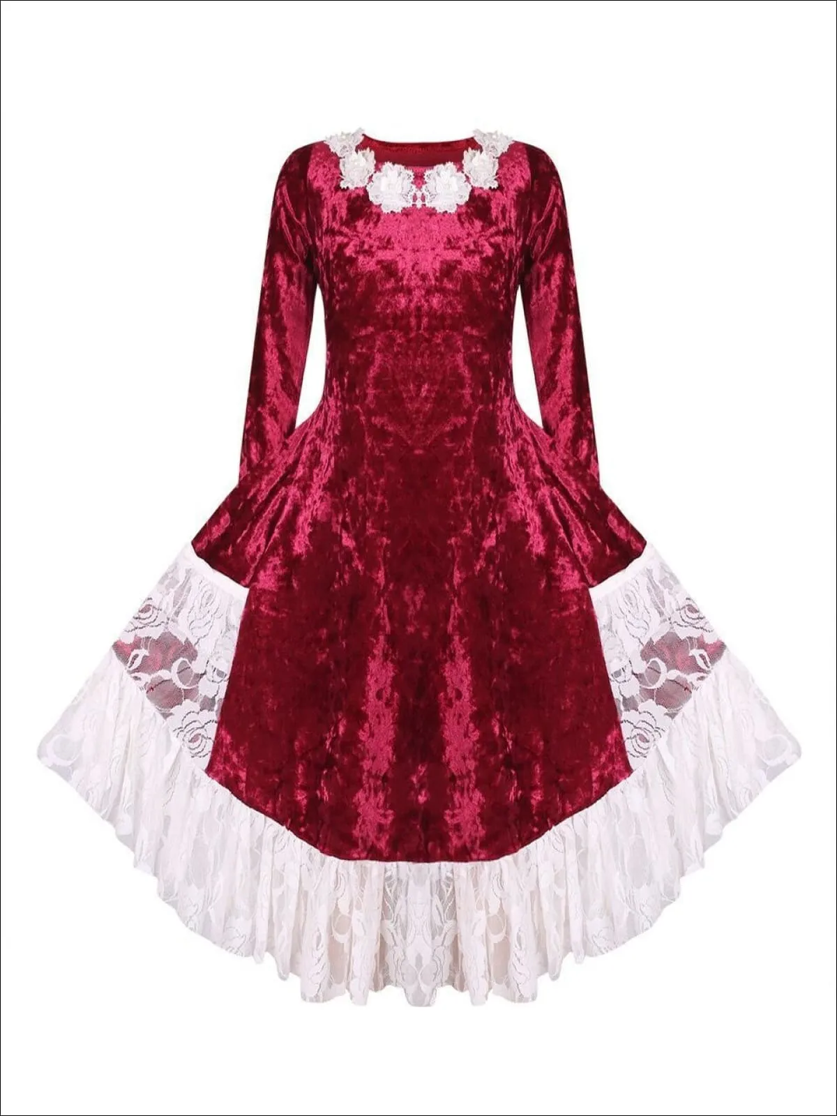 Girls Burgundy Velvet Princess Holiday Dress with Ruffled Pockets