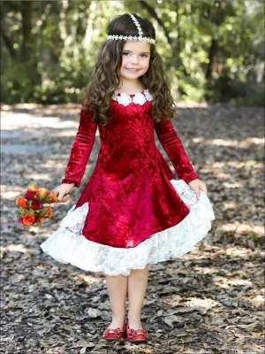 Girls Burgundy Velvet Princess Holiday Dress with Ruffled Pockets