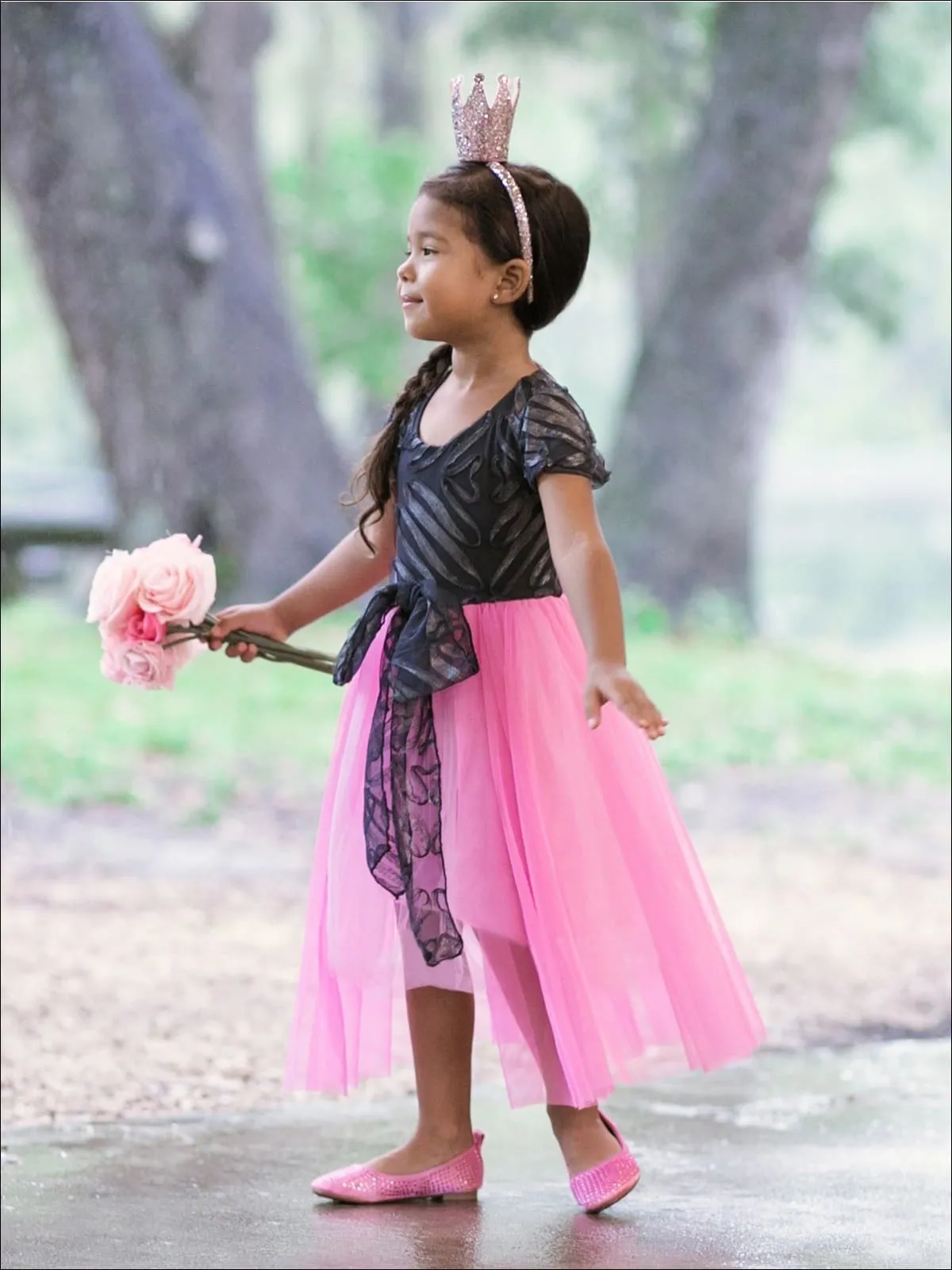 Girls Charcoal And Pink Princess Overlay Dress with Large Bow