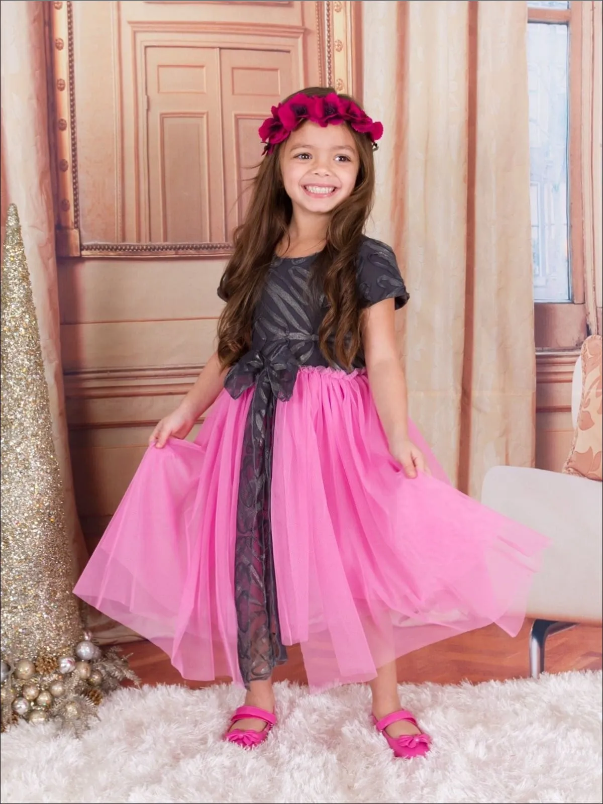 Girls Charcoal And Pink Princess Overlay Dress with Large Bow