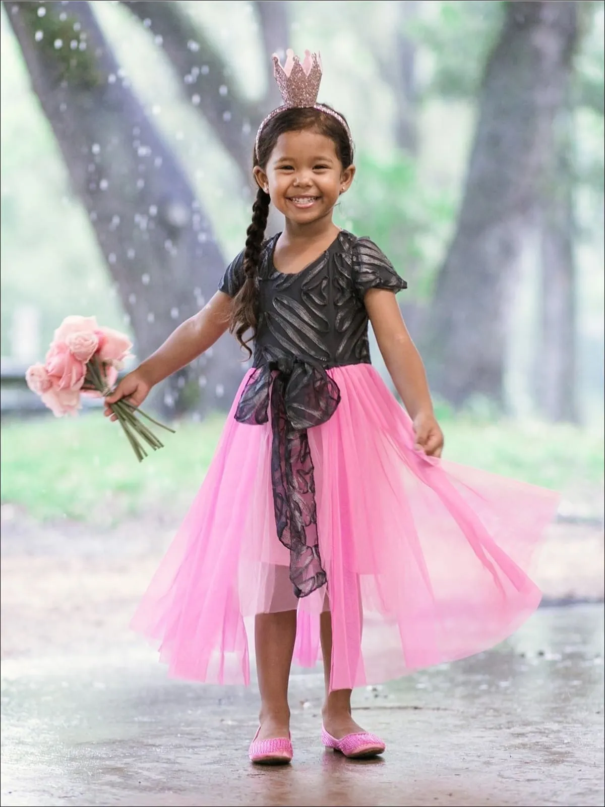 Girls Charcoal And Pink Princess Overlay Dress with Large Bow
