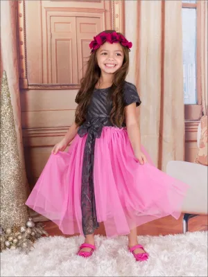 Girls Charcoal And Pink Princess Overlay Dress with Large Bow