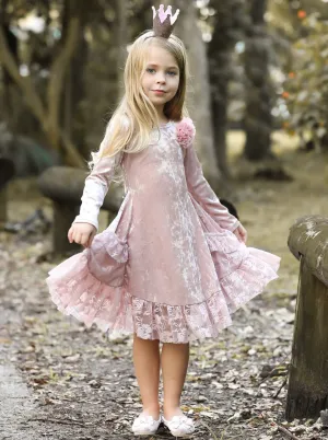 Girls Dusty Pink Velvet Princess  Holiday Dress with Lace Ruffled Pockets