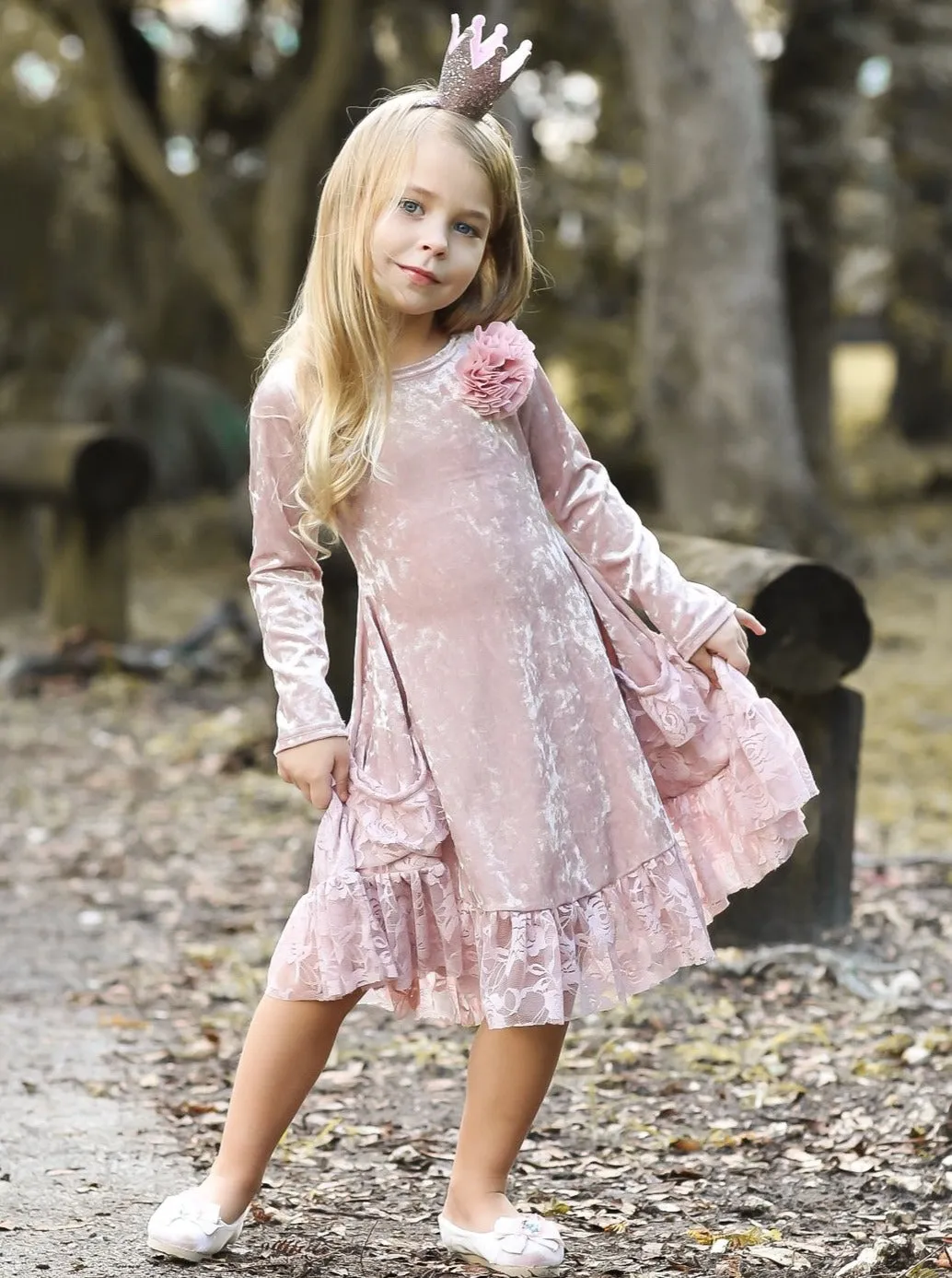 Girls Dusty Pink Velvet Princess  Holiday Dress with Lace Ruffled Pockets