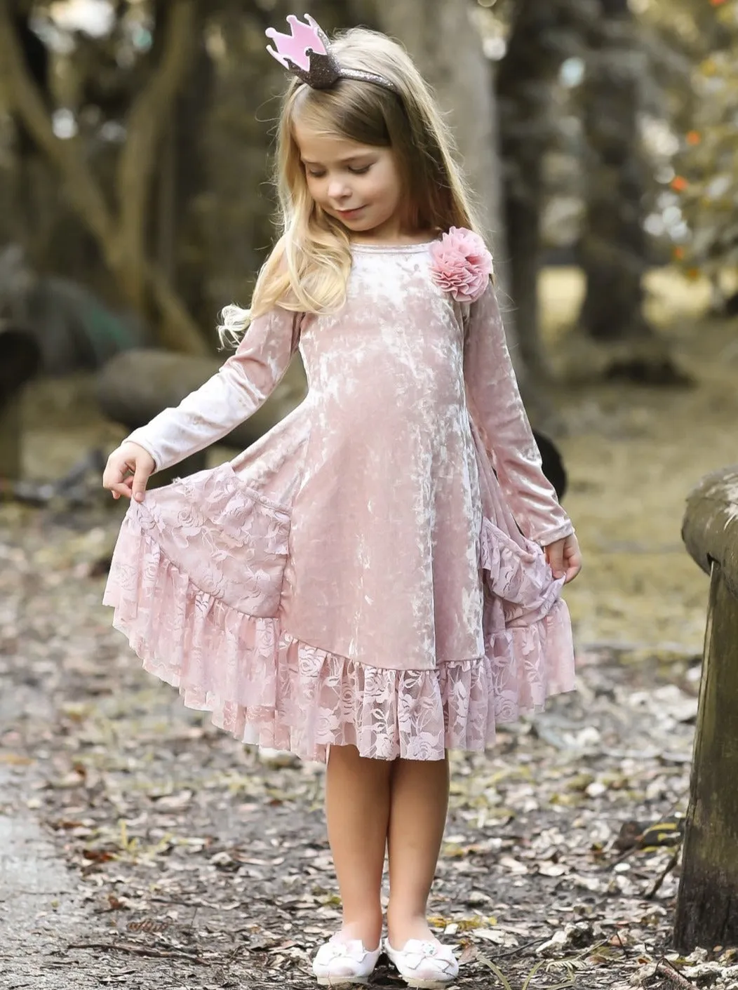 Girls Dusty Pink Velvet Princess  Holiday Dress with Lace Ruffled Pockets