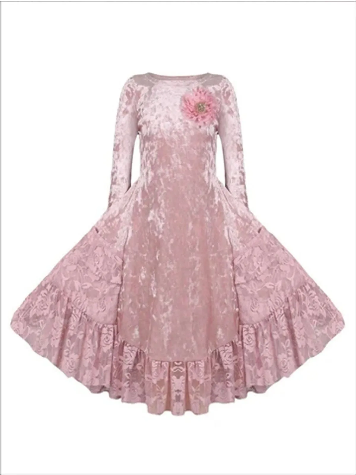 Girls Dusty Pink Velvet Princess  Holiday Dress with Lace Ruffled Pockets