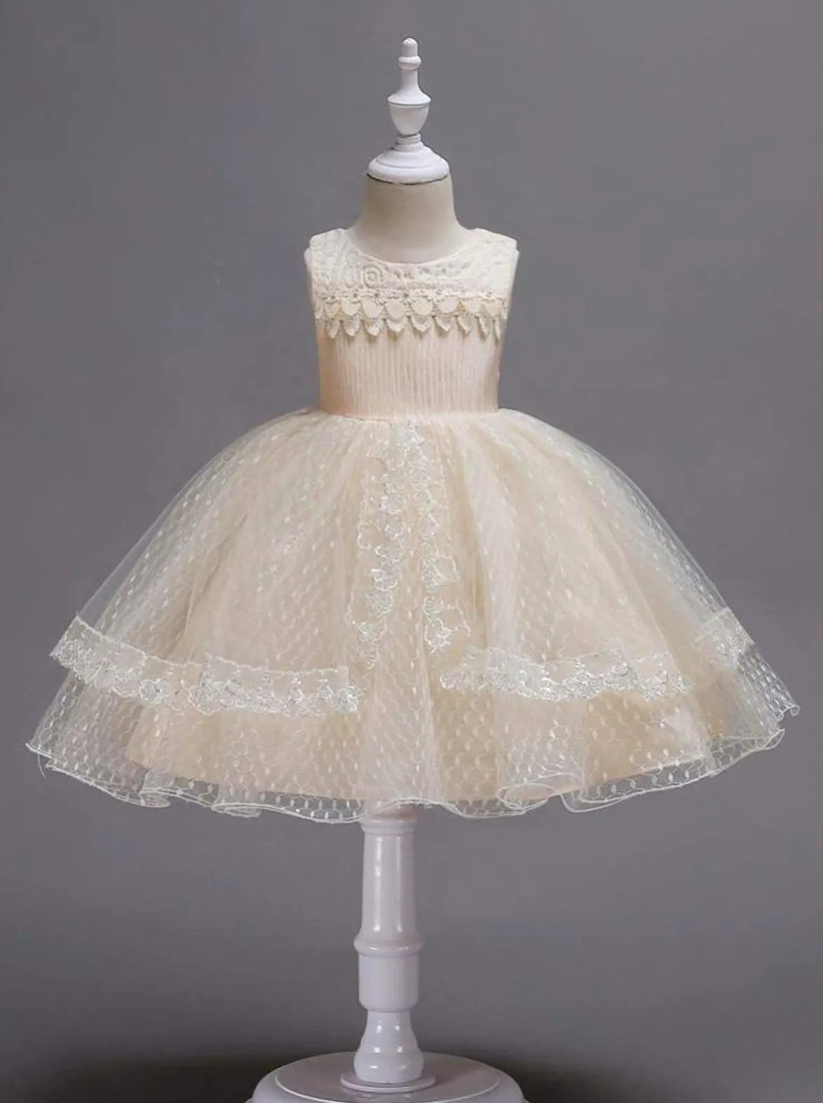 Girls Lace Sleeveless Floral Applique Tiered Lace Special Occasion Dress