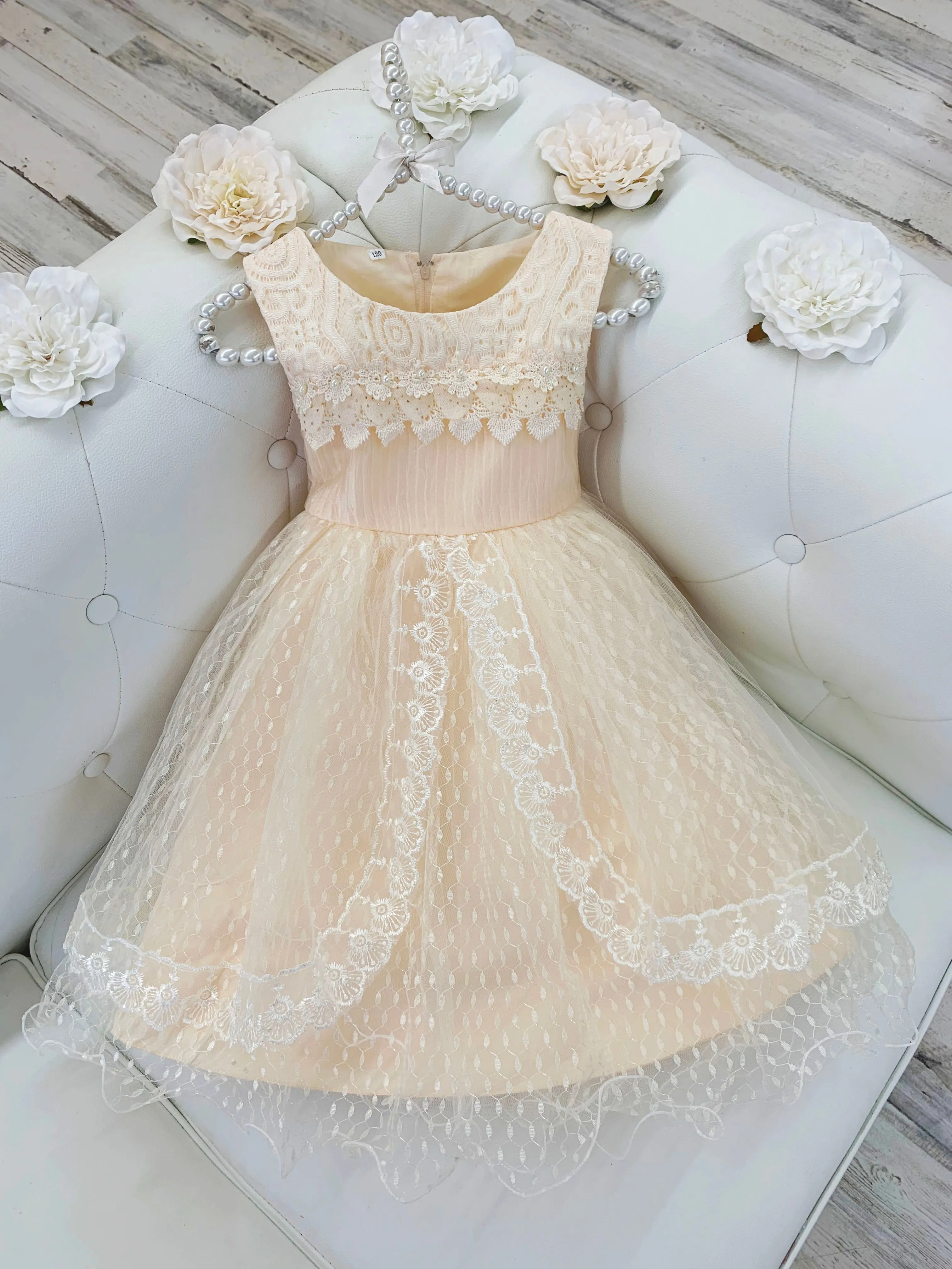 Girls Lace Sleeveless Floral Applique Tiered Lace Special Occasion Dress