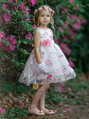 Girls Sleeveless Floral Print Special Occasion Party Dress with Flower Sash