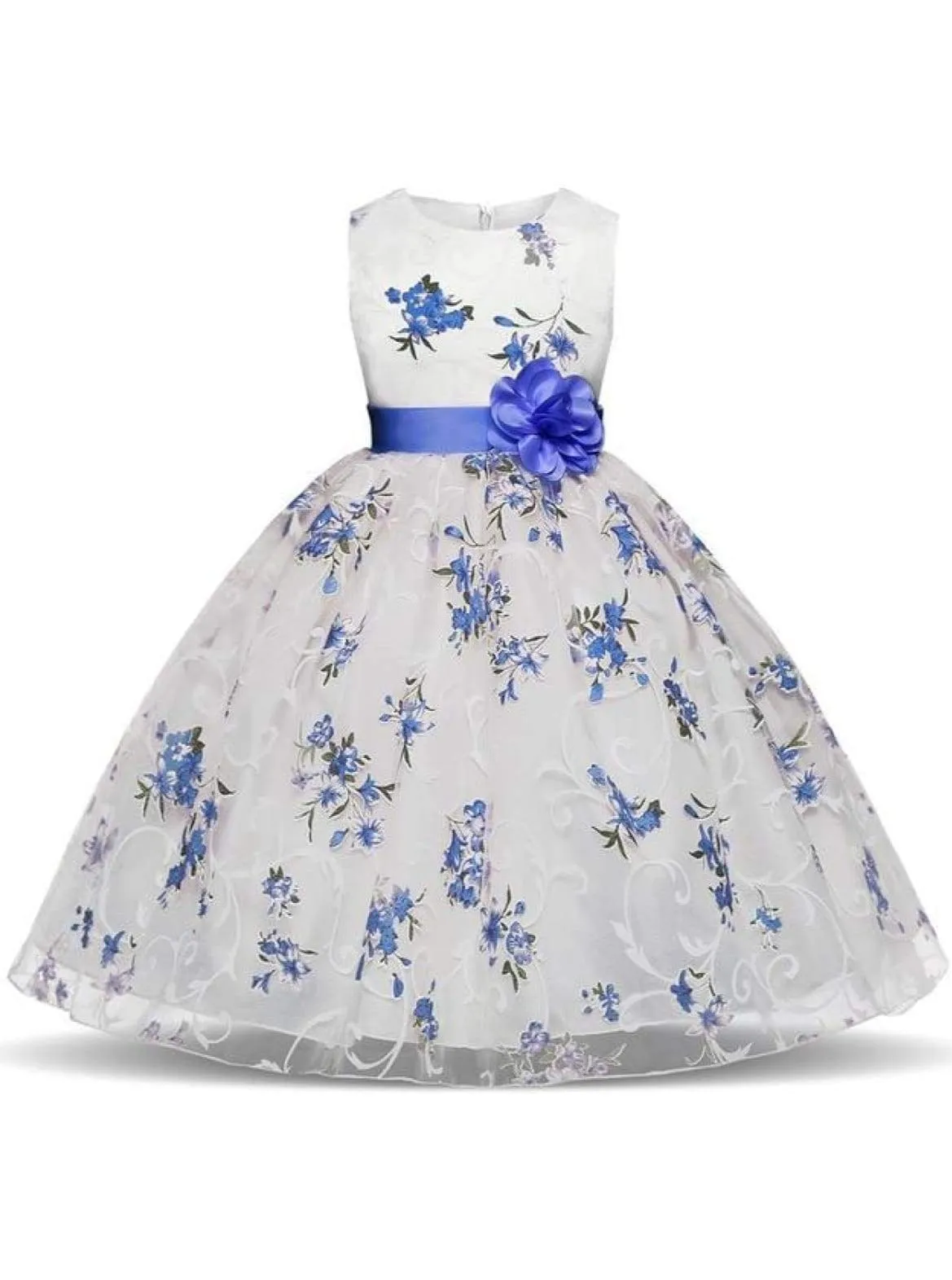 Girls Sleeveless Floral Print Special Occasion Party Dress with Flower Sash