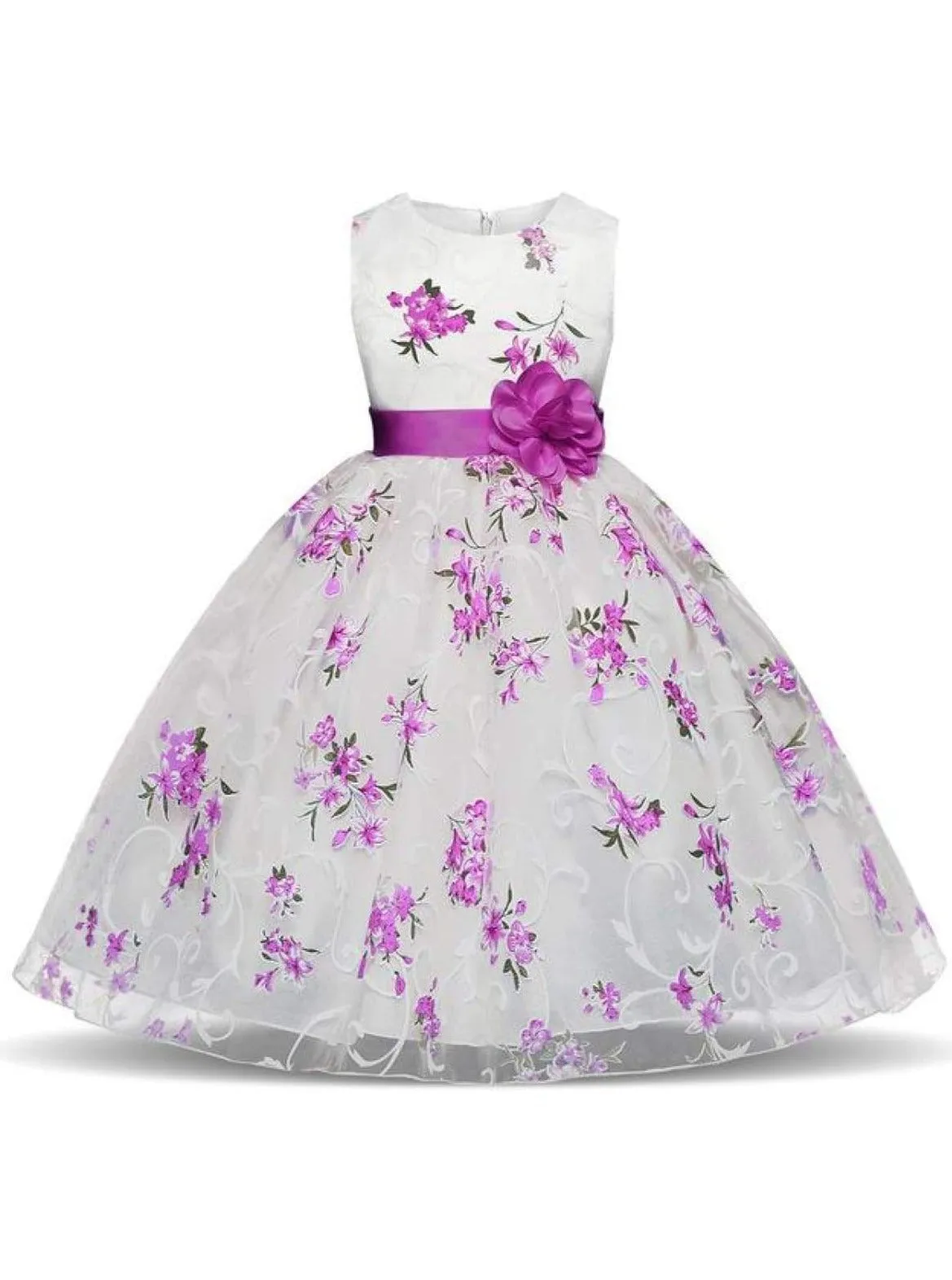 Girls Sleeveless Floral Print Special Occasion Party Dress with Flower Sash