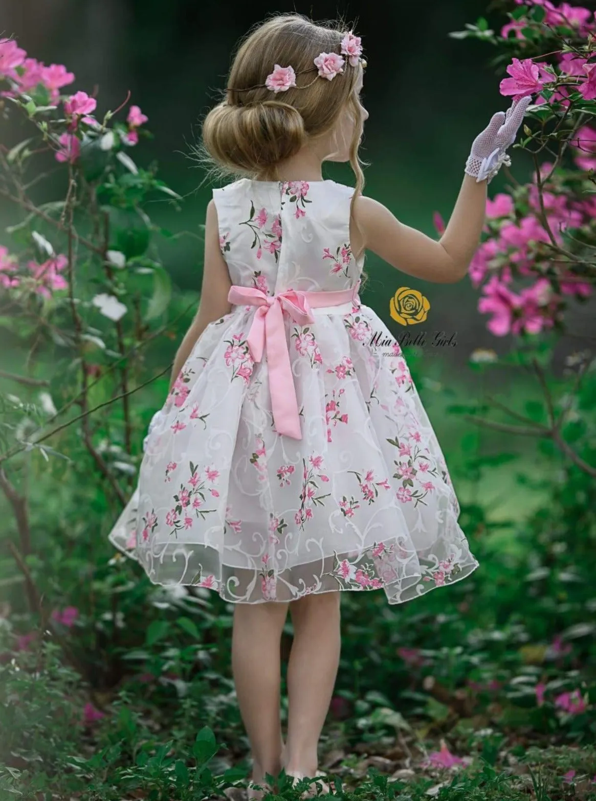 Girls Sleeveless Floral Print Special Occasion Party Dress with Flower Sash