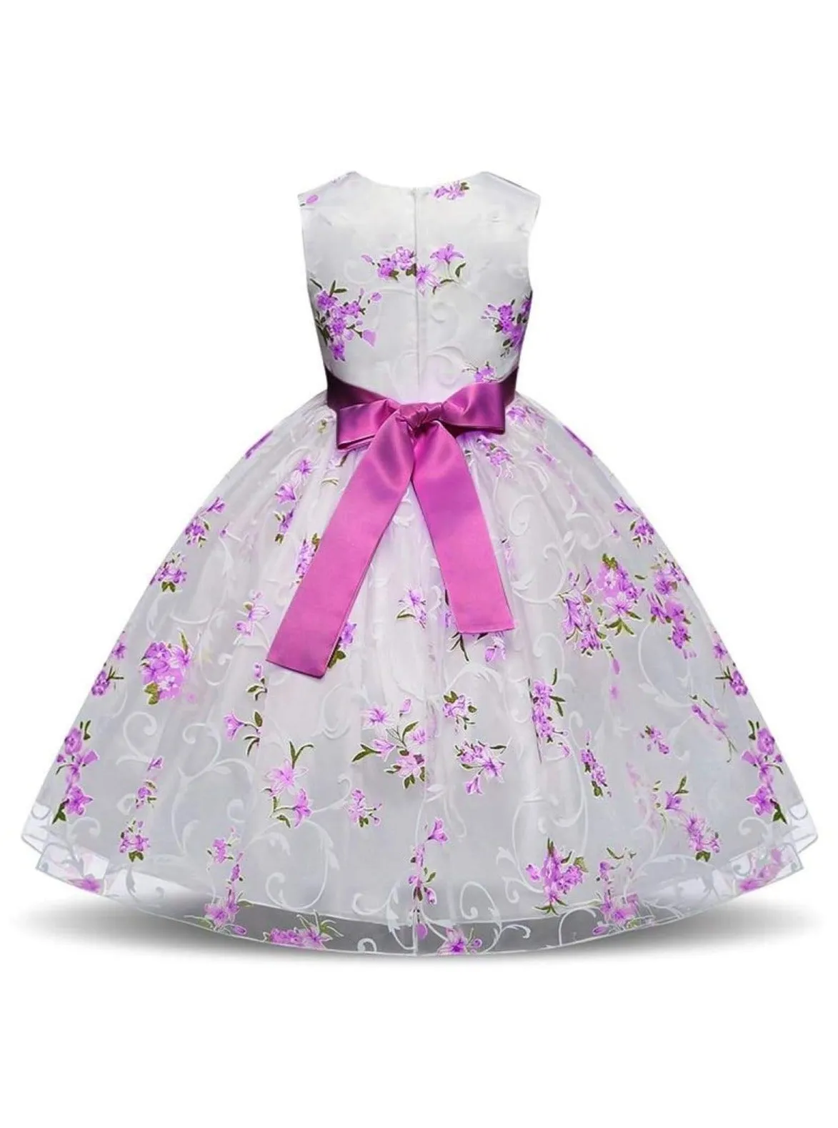 Girls Sleeveless Floral Print Special Occasion Party Dress with Flower Sash