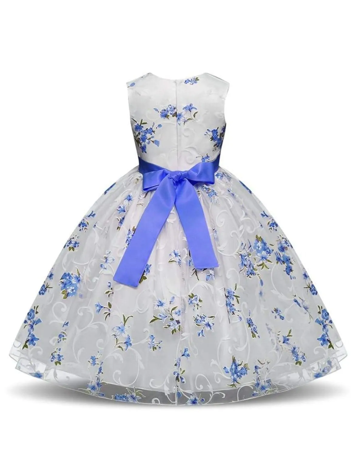Girls Sleeveless Floral Print Special Occasion Party Dress with Flower Sash