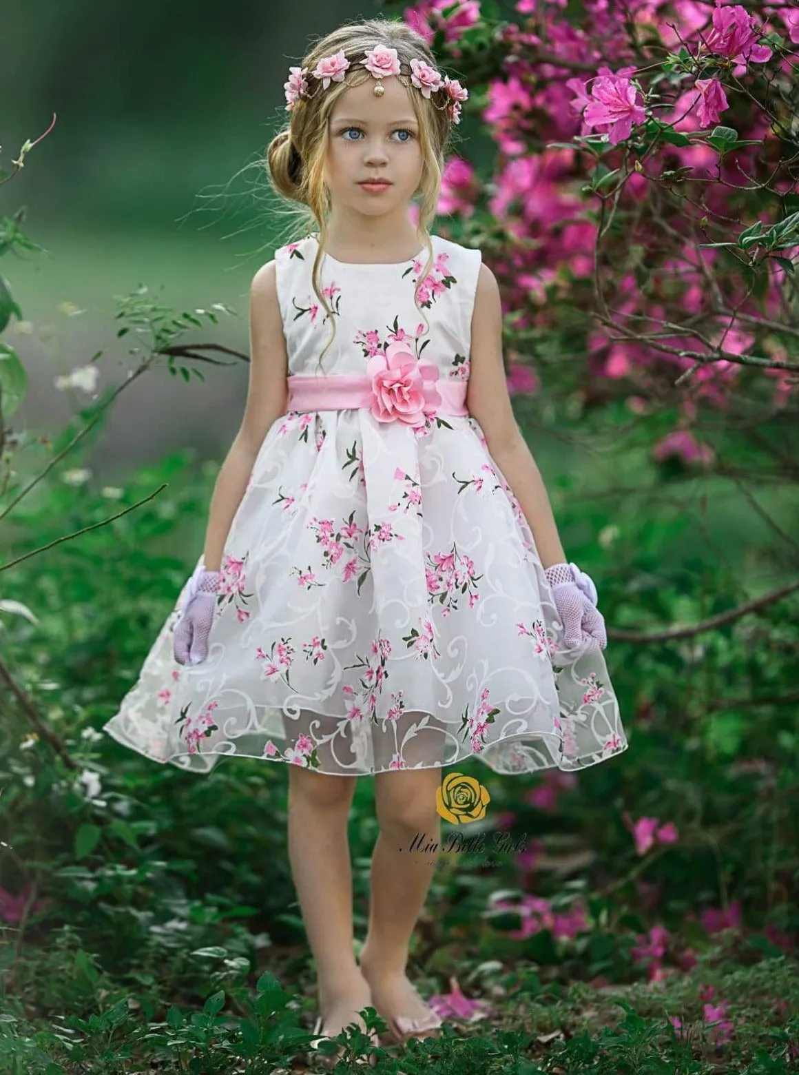 Girls Sleeveless Floral Print Special Occasion Party Dress with Flower Sash