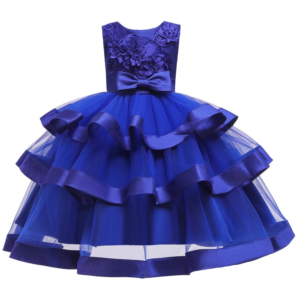 Girls' Solid Coloured Floral 3 Layered Sleeveless Knee-Length Princess Dress