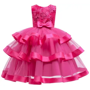 Girls' Solid Coloured Floral 3 Layered Sleeveless Knee-Length Princess Dress