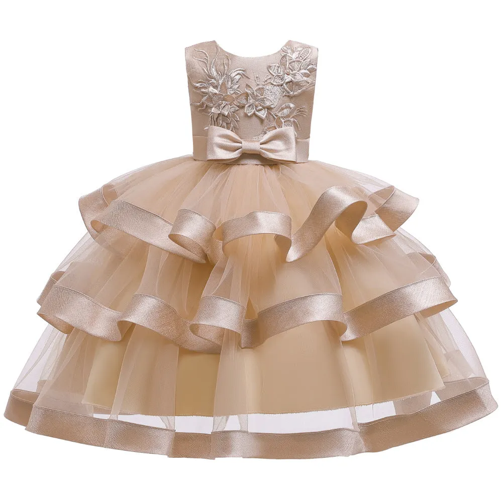 Girls' Solid Coloured Floral 3 Layered Sleeveless Knee-Length Princess Dress