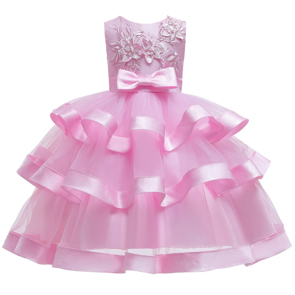 Girls' Solid Coloured Floral 3 Layered Sleeveless Knee-Length Princess Dress