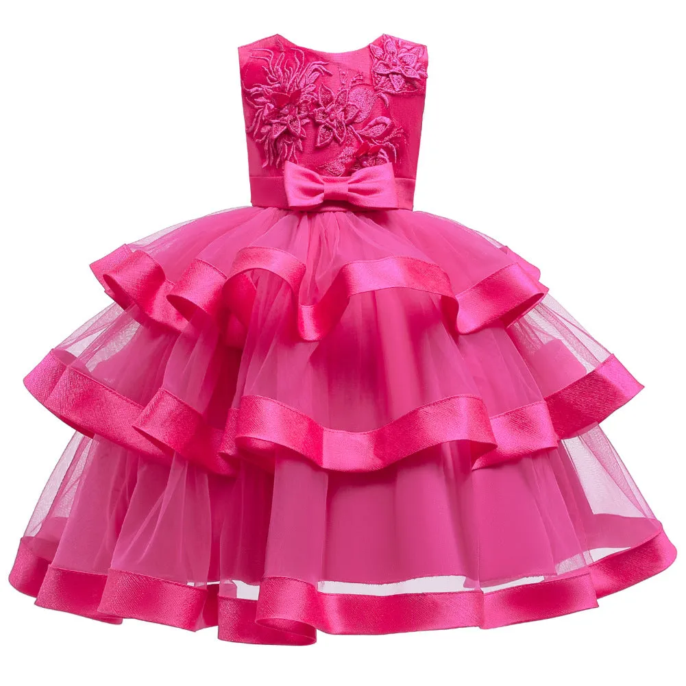 Girls' Solid Coloured Floral 3 Layered Sleeveless Knee-Length Princess Dress