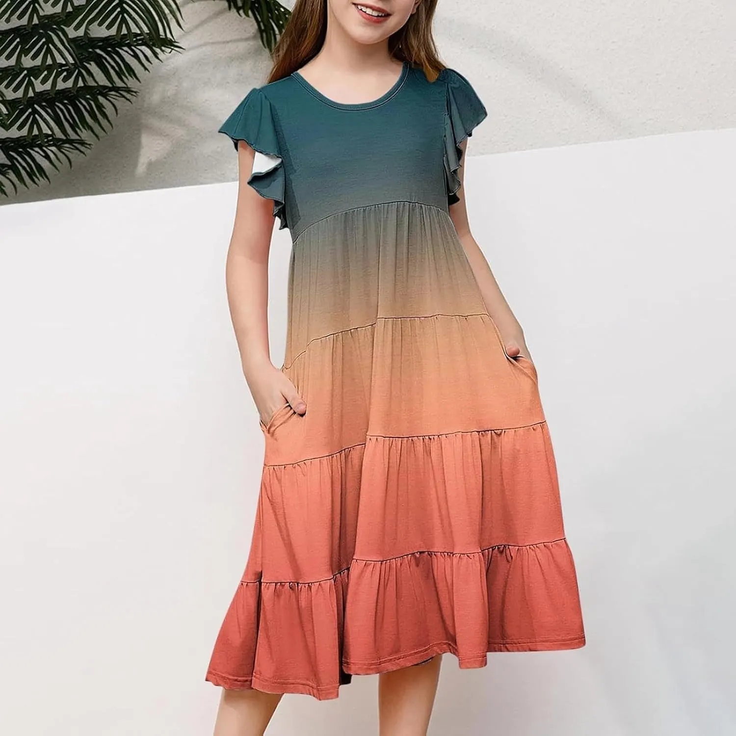 Girls Summer Dresses Double Layer Flutter Sleeve Floral Print Flowy A-Line Sundress Casual Midi Dresses 6-15 Years