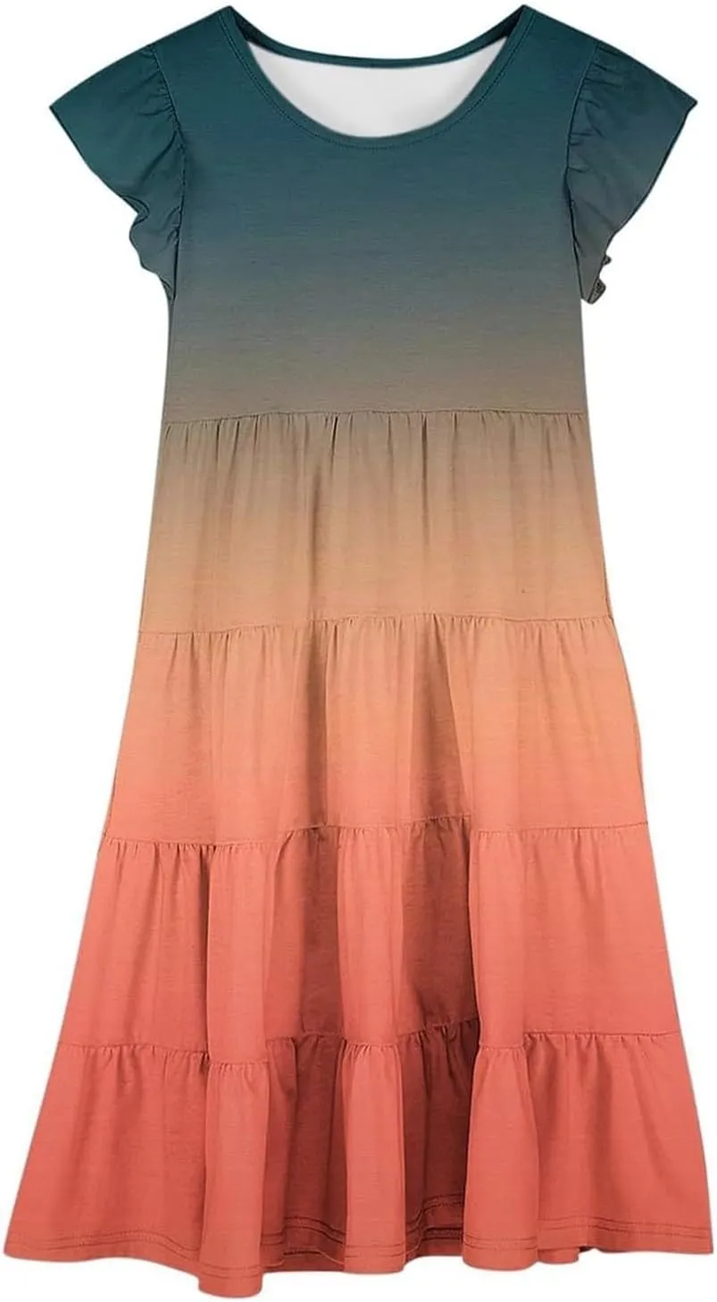 Girls Summer Dresses Double Layer Flutter Sleeve Floral Print Flowy A-Line Sundress Casual Midi Dresses 6-15 Years