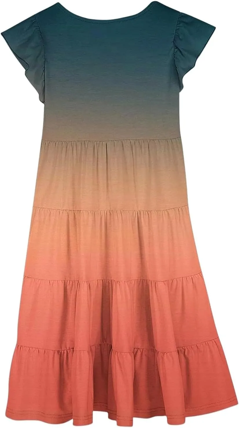 Girls Summer Dresses Double Layer Flutter Sleeve Floral Print Flowy A-Line Sundress Casual Midi Dresses 6-15 Years