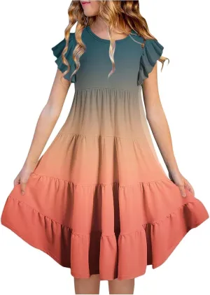 Girls Summer Dresses Double Layer Flutter Sleeve Floral Print Flowy A-Line Sundress Casual Midi Dresses 6-15 Years
