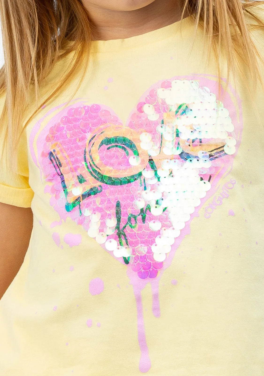 Girl's Yellow Love Sequins T-shirt