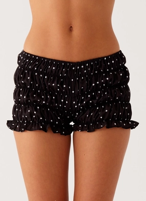 Girls Like Us Ruched Mini Shorts - Black Polka Dot Rubberized Hem