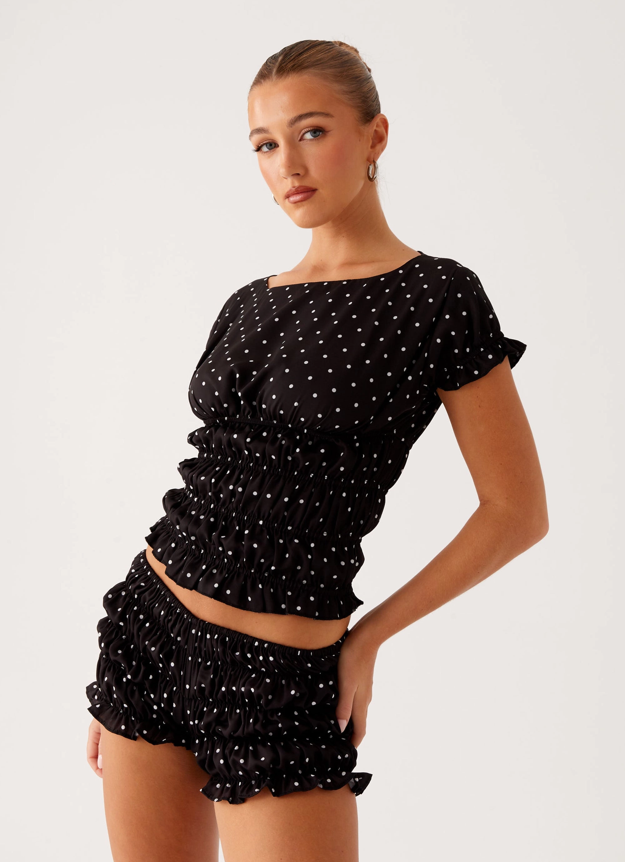 Plus-size option Girls Like Us Ruched Mini Shorts - Black Polka Dot