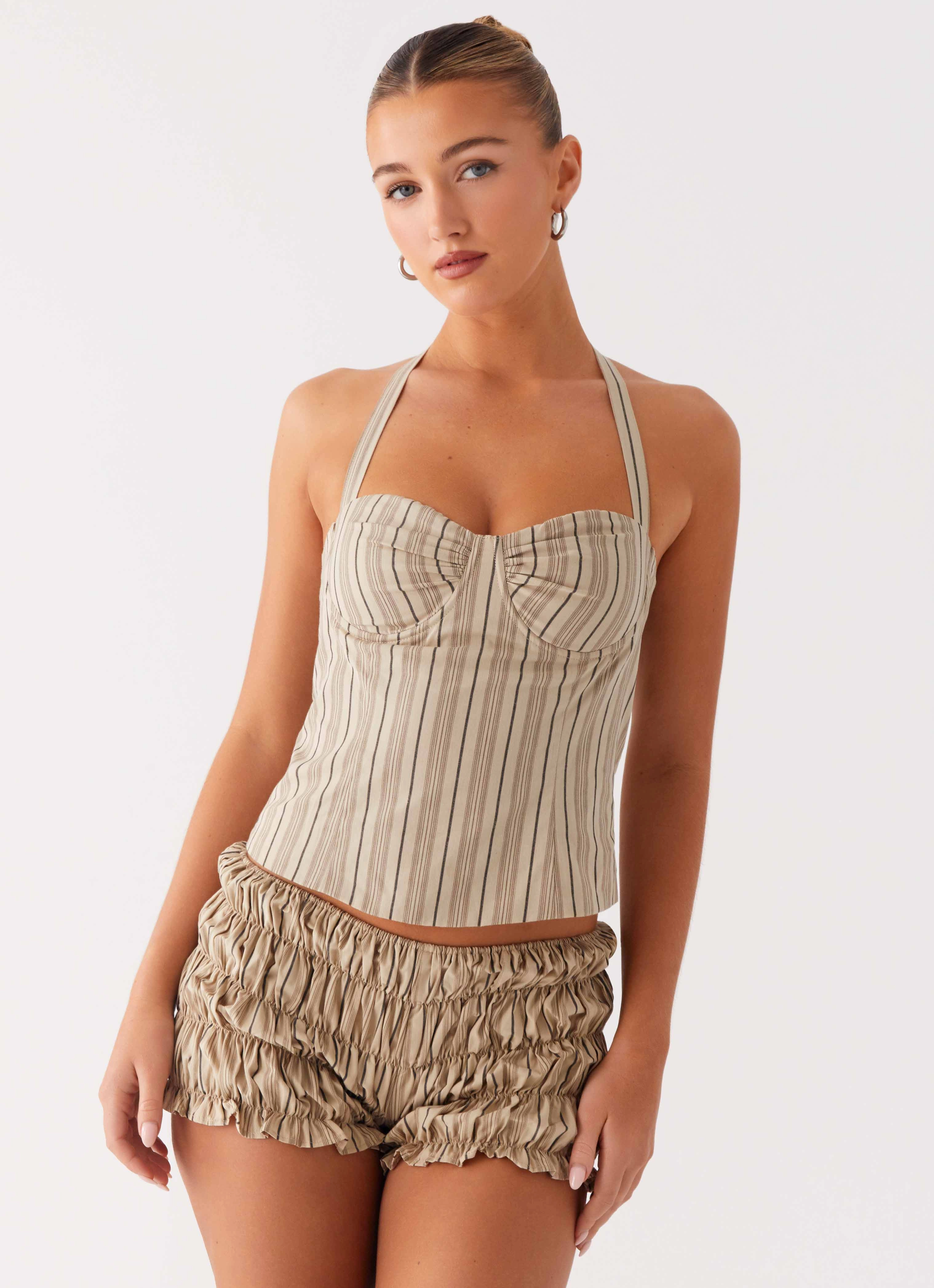 Reflective Trim Girls Like Us Ruched Mini Shorts - Oatmeal Stripe