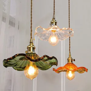 Glass Hibiscus Flower Pendant LED Light in Vintage Style - Bulb Included