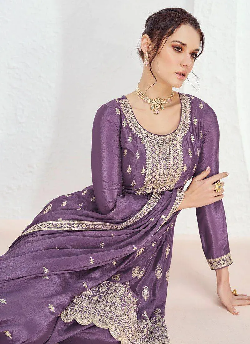 Glowing Lavender Chinon Embroidered Palazzo Suit