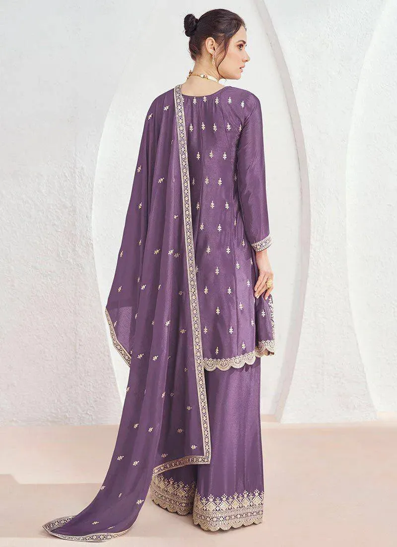 Glowing Lavender Chinon Embroidered Palazzo Suit
