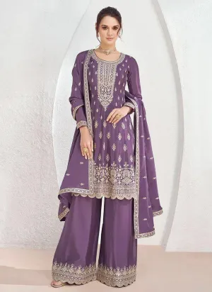 Glowing Lavender Chinon Embroidered Palazzo Suit