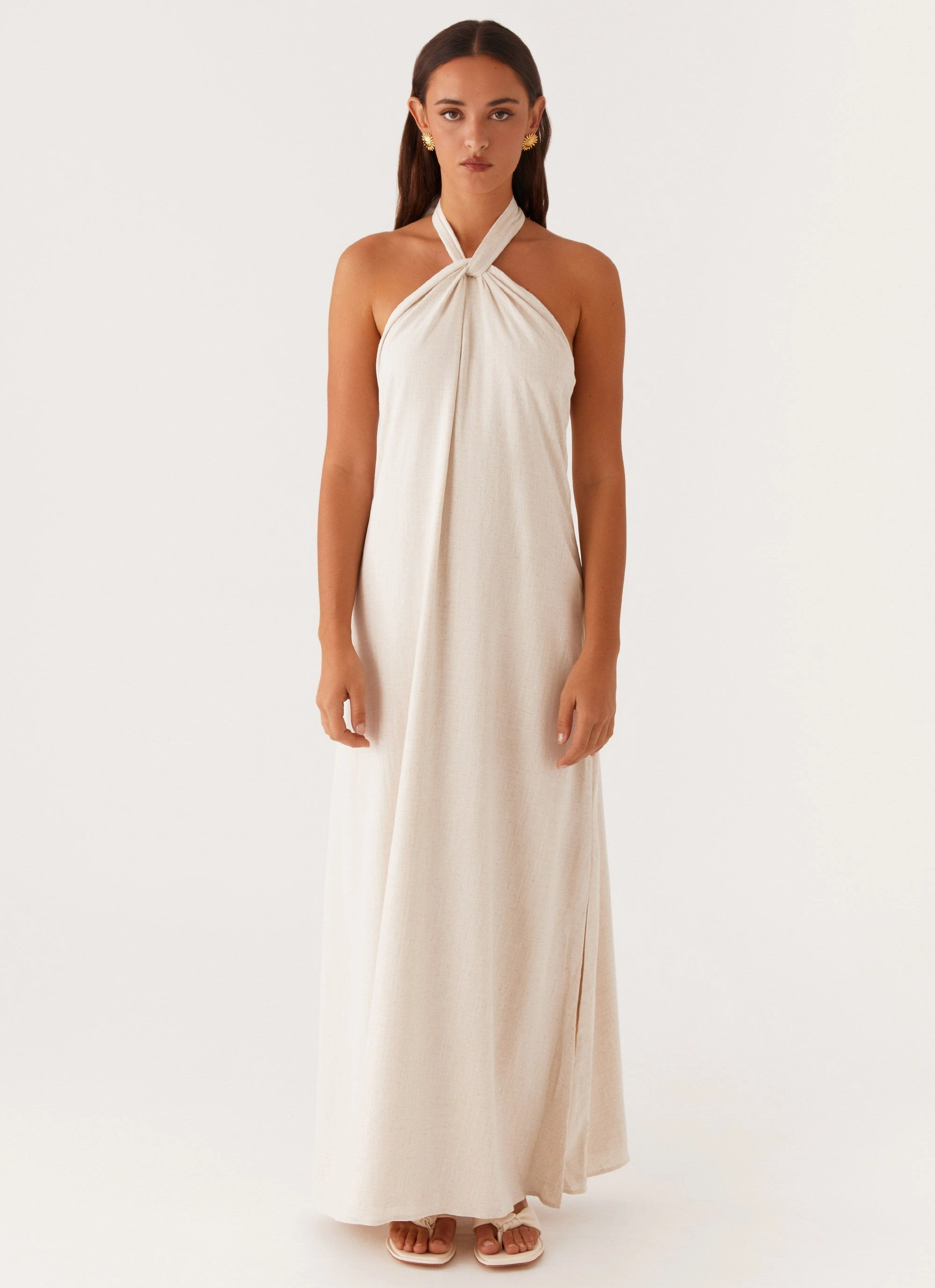 Golden Child Linen Maxi Dress - Oatmeal Fall Tone Polite Tone