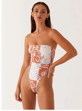 Maxine Strapless One Piece Swimsuit - Orange Blue Floral UltraSoft Brushed Backing Personalized