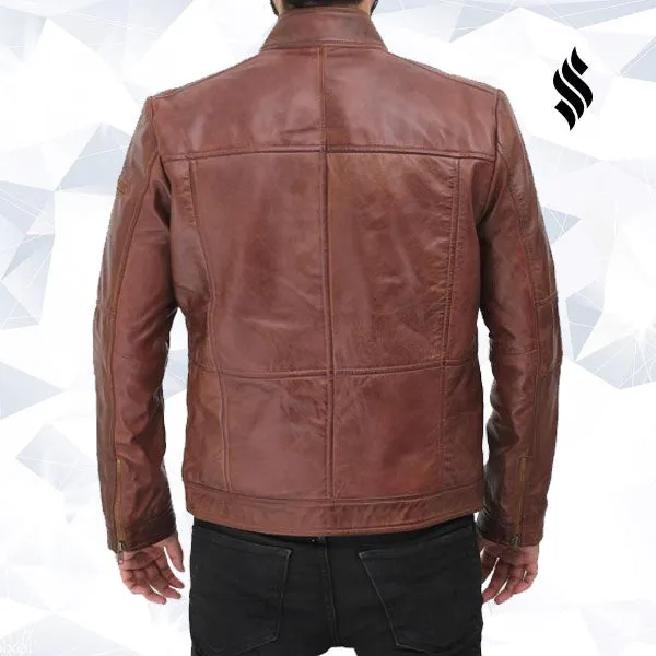 Gordon Mens Two Pockets Waxed Brown Leather Jacket