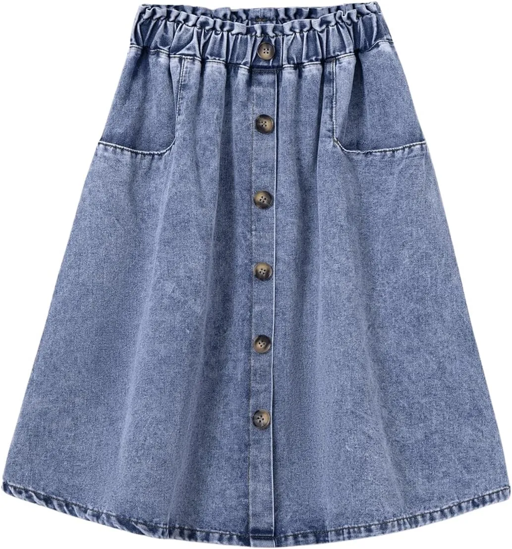 GORGLITTER Girl's Midi Denim Skirt Button Front Jean Skirts Summer Beach Slant Pocket Flowy Skirts 2025