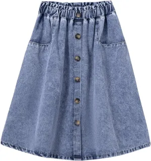 GORGLITTER Girl's Midi Denim Skirt Button Front Jean Skirts Summer Beach Slant Pocket Flowy Skirts 2025