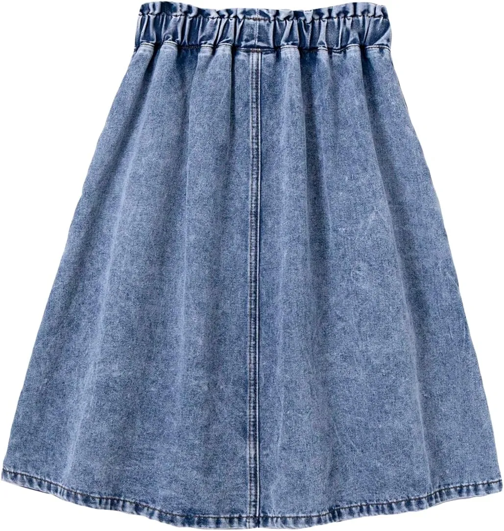 GORGLITTER Girl's Midi Denim Skirt Button Front Jean Skirts Summer Beach Slant Pocket Flowy Skirts 2025